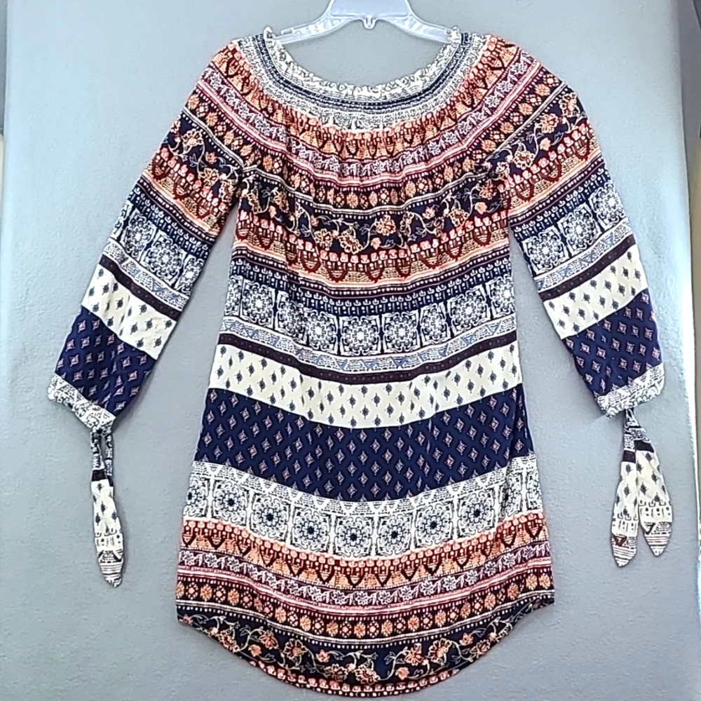 BEACH LUNCH‎ LOUNGE Women's Boho Navy Coral Long Sleeve Dress - Size Medium